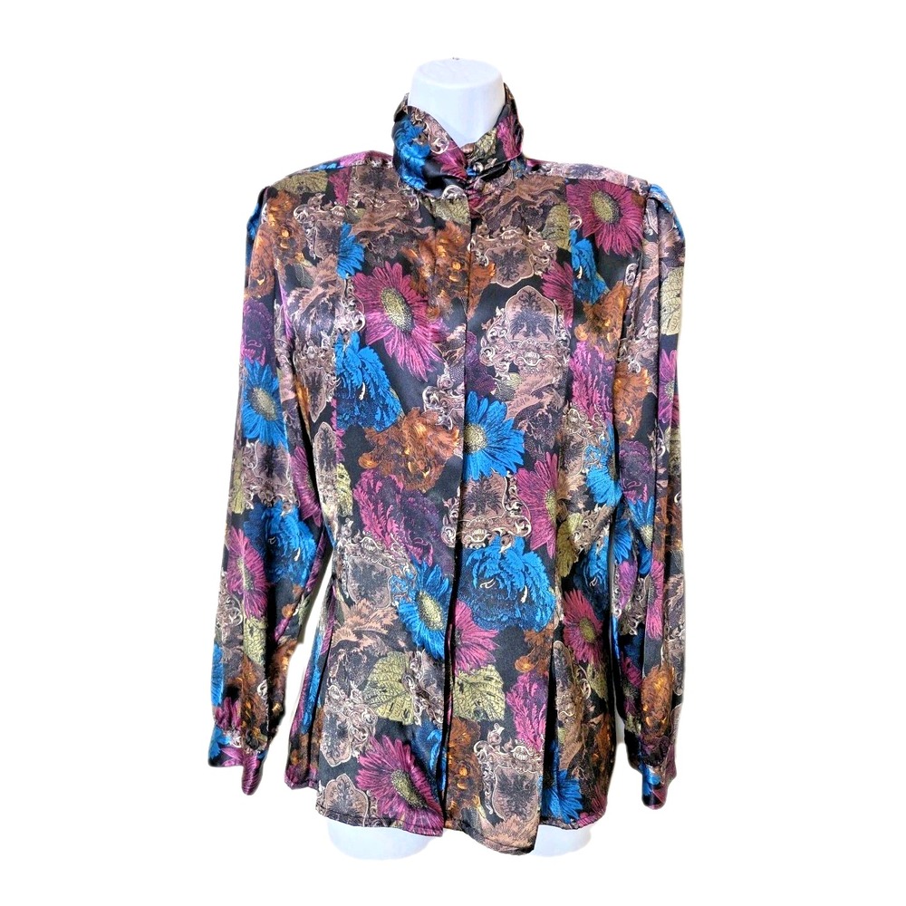 Vtg 1980s‎ TESS Satin Blouse Maximalist Whimsygoth Floral Crest High Neck Size 8